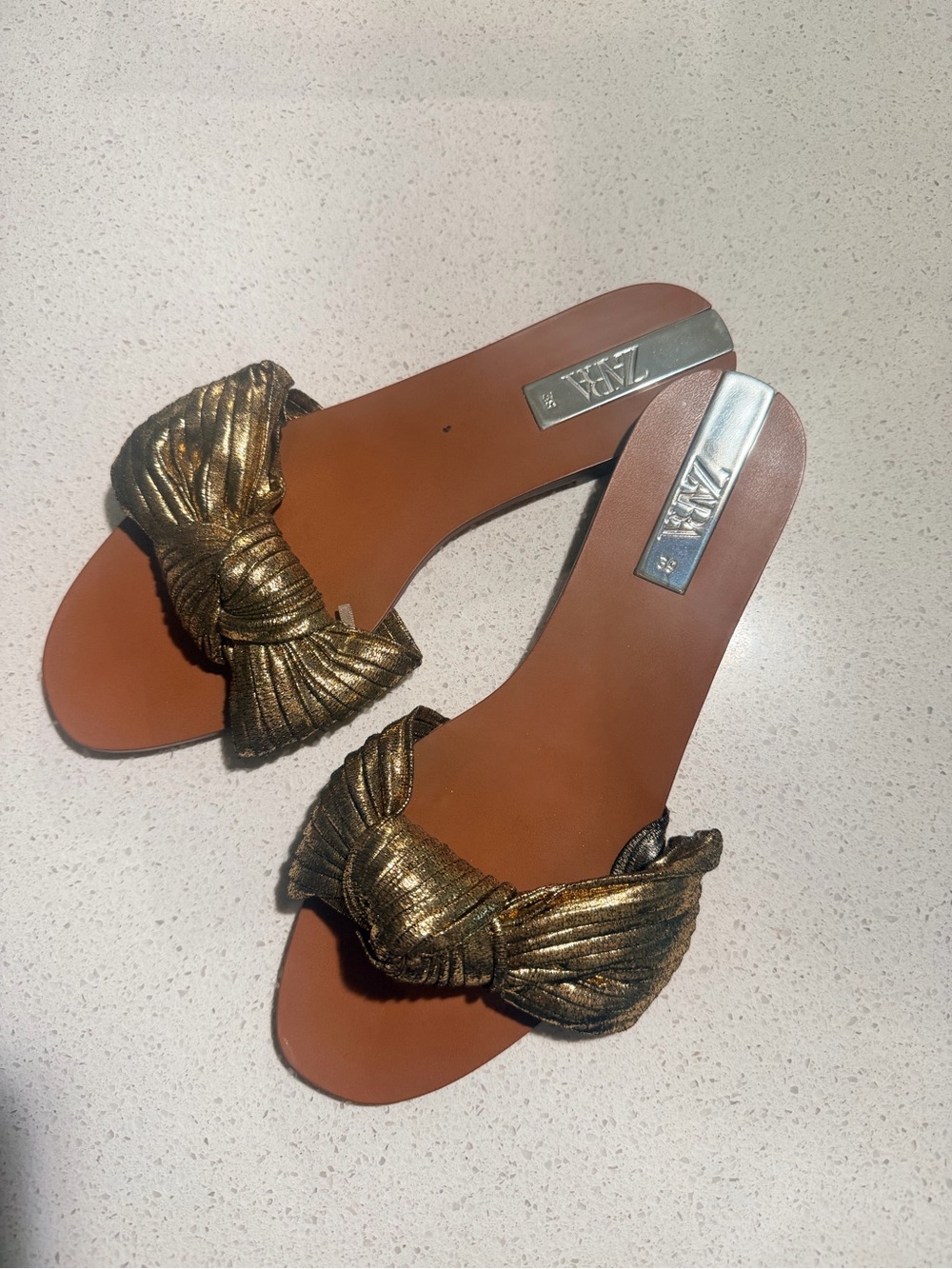 Zara Metallic Gold Knotted Slide Sandals - Women's